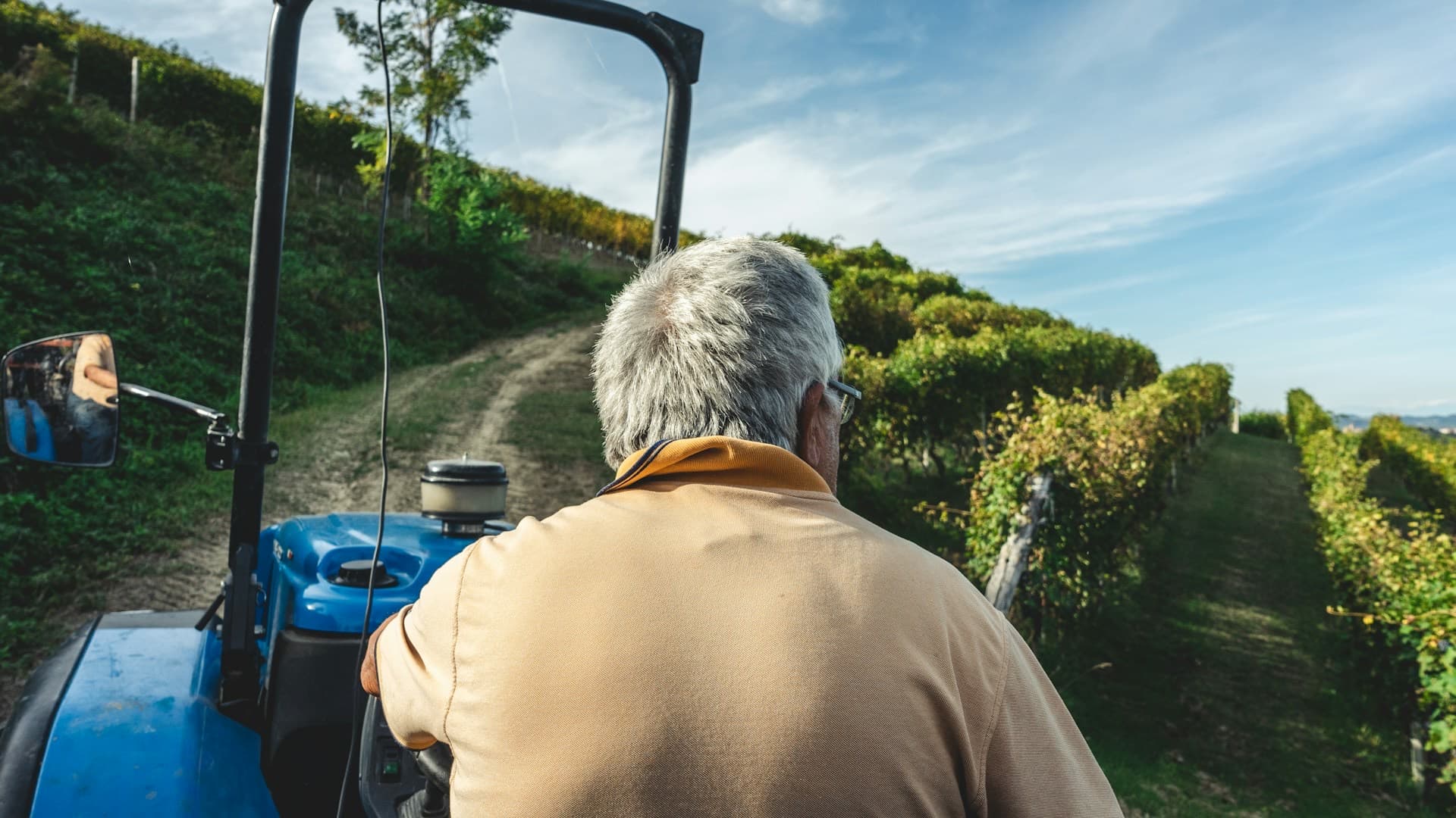 Produtor rural conduzindo um trator na lavoura