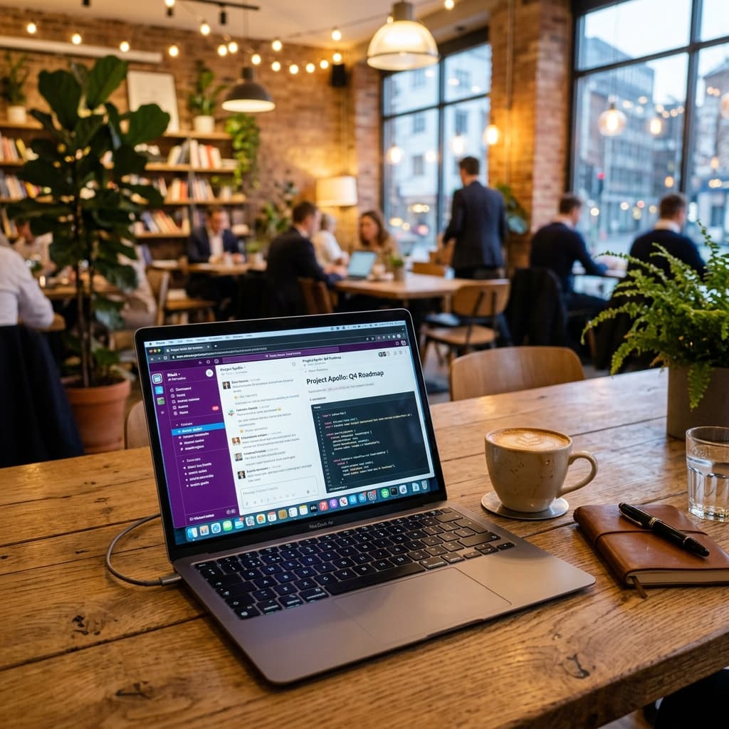 Laptop premium aberto em mesa de madeira em coworking com iluminação aconchegante
