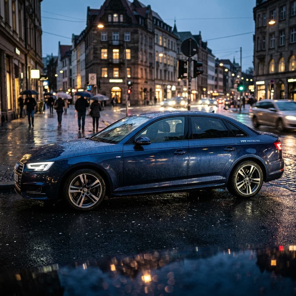 Carro estacionado na cidade sob chuva à noite ilustrando riscos do trânsito